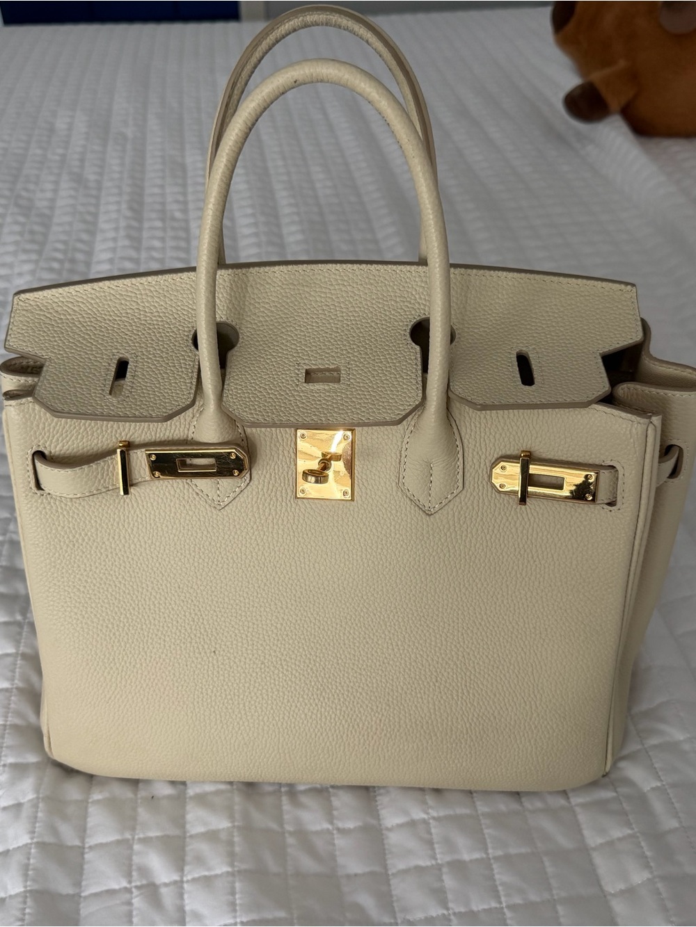 Cream Leather Satchel with Gold Hardware